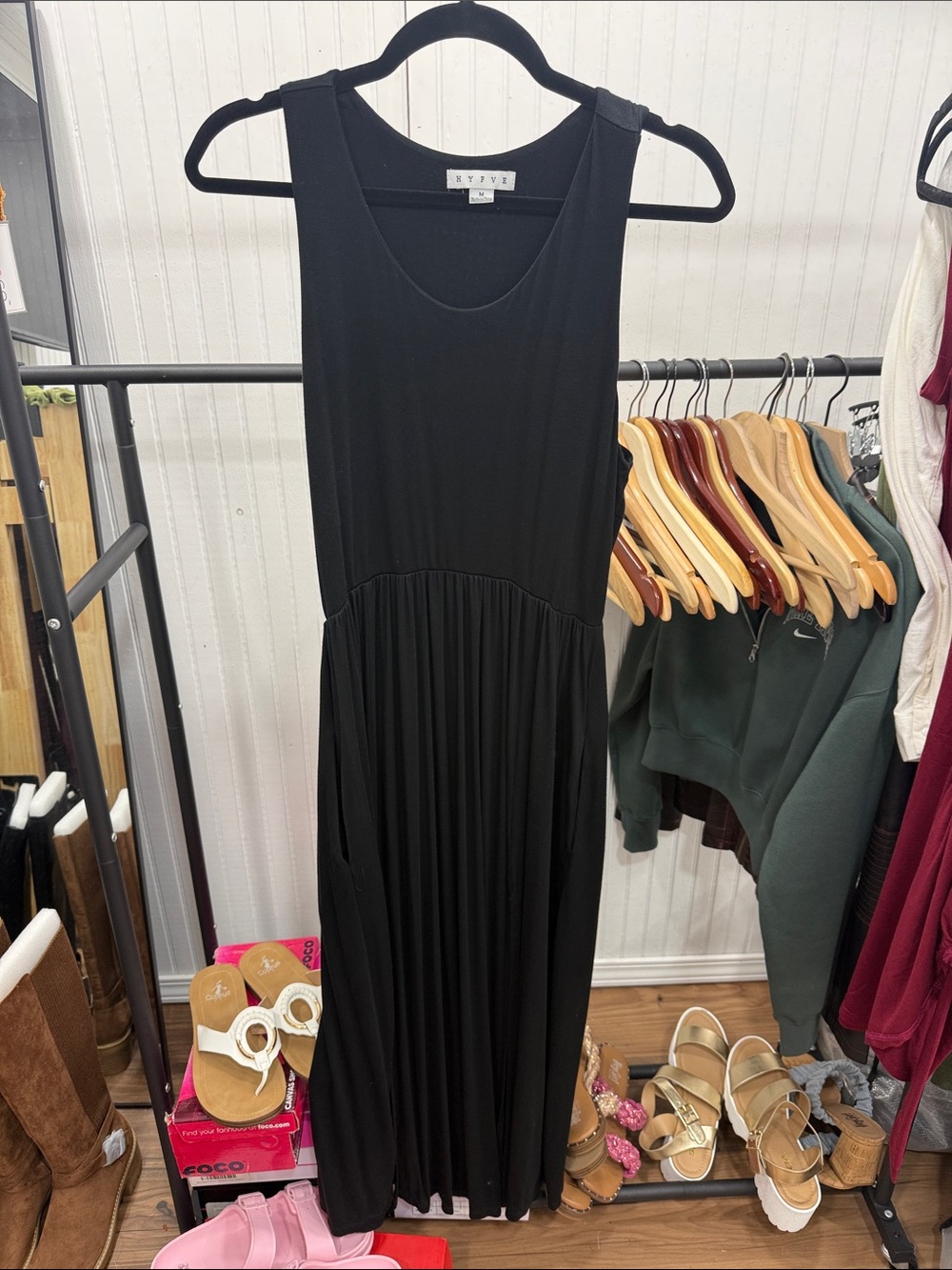 NWOT HYFVE Black Sleeveless Maxi Dress with front slits and pockets
